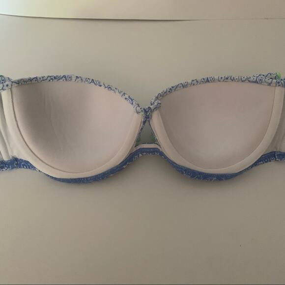 Victoria's Secret Women's Strapless Ruffle Bandeau Bikini Top Blue White SZ 34C - Picture 4 of 9